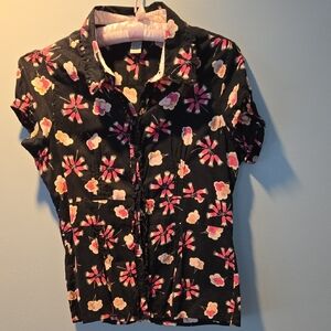 Odille/ Anthro Black Floral Short Sleeve Blouse